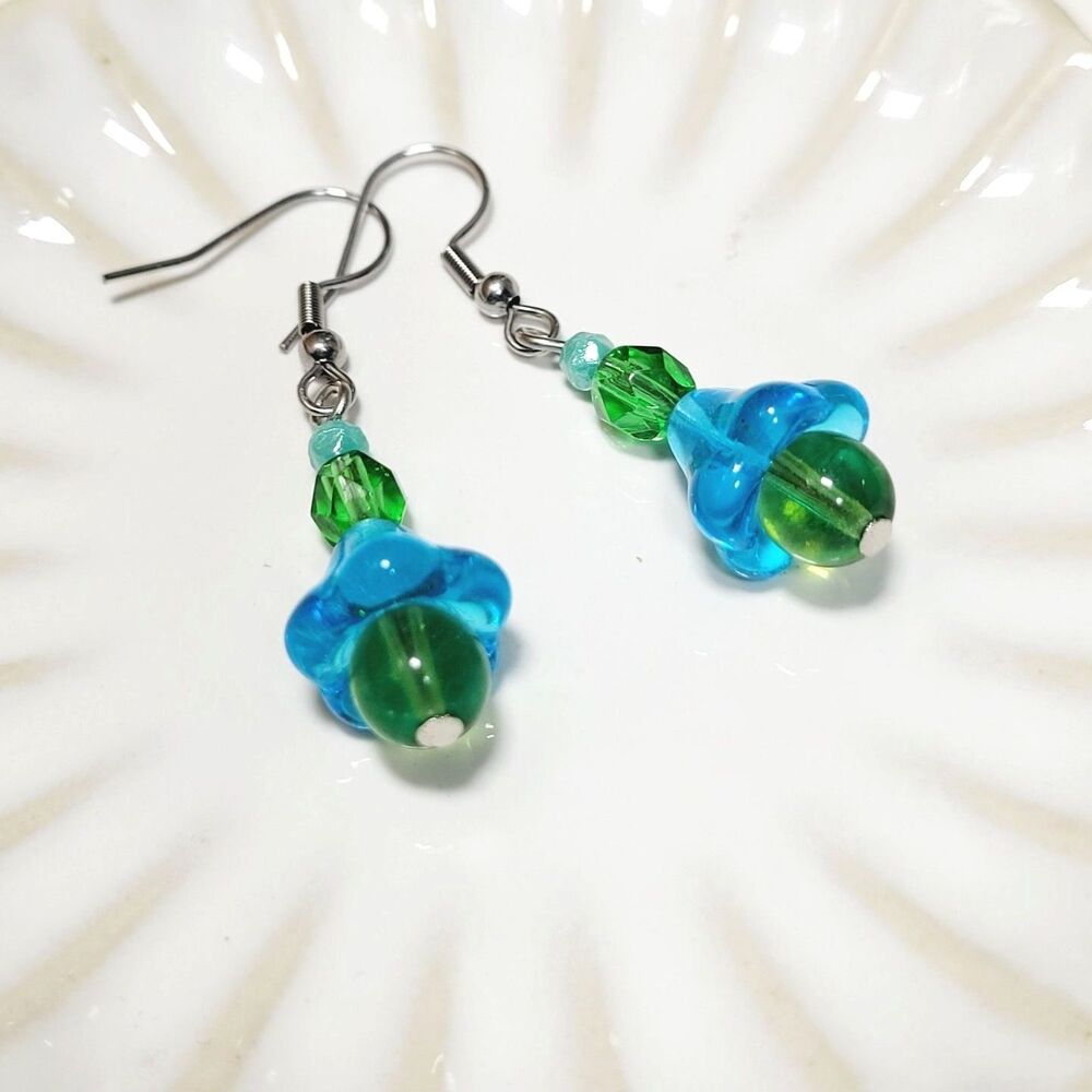 Blue Glass Stainless Steel Hooks Secret Lore earrings Fairycore Handmade 688■
